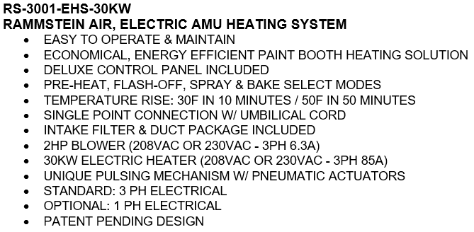 Rammstein Electric Booth Heater (30KW, 3PH, 208V) - RS-3001-EHS-30KW-3PH-208V